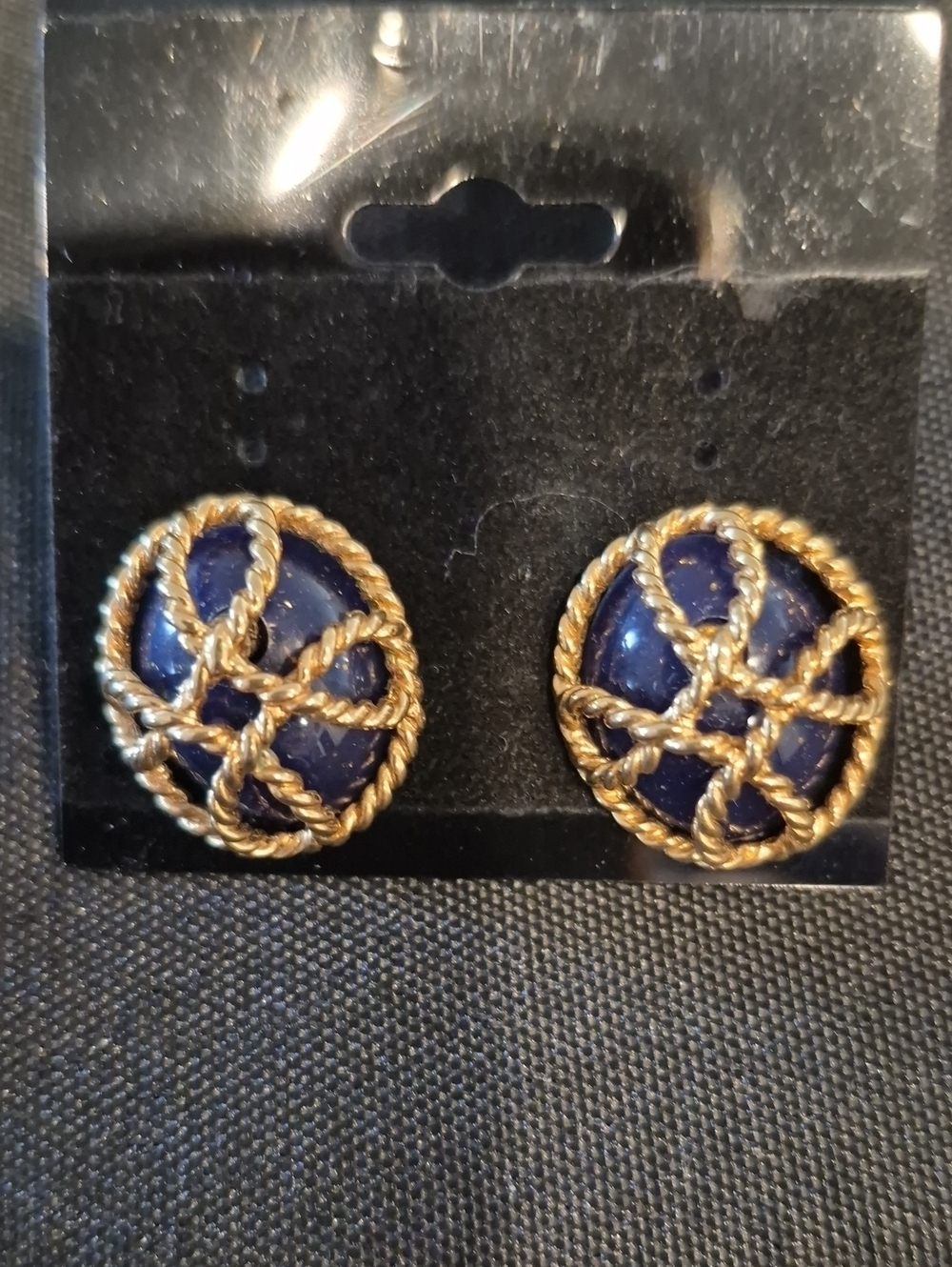 Avon Vintage Convertable Gold Rope Knot Navy Blue Button Earrings